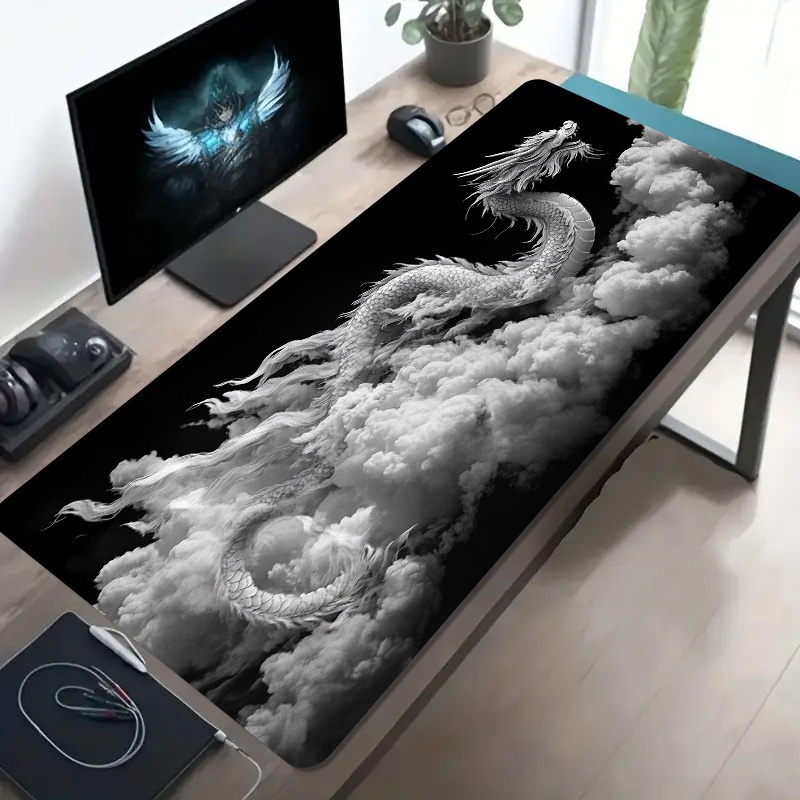 Desk Setup Pc And Laptop - Schwarz-Weißes Drachen-Gaming-Mauspad Großes Rutschfestes Gummi-Schreibtischpad für