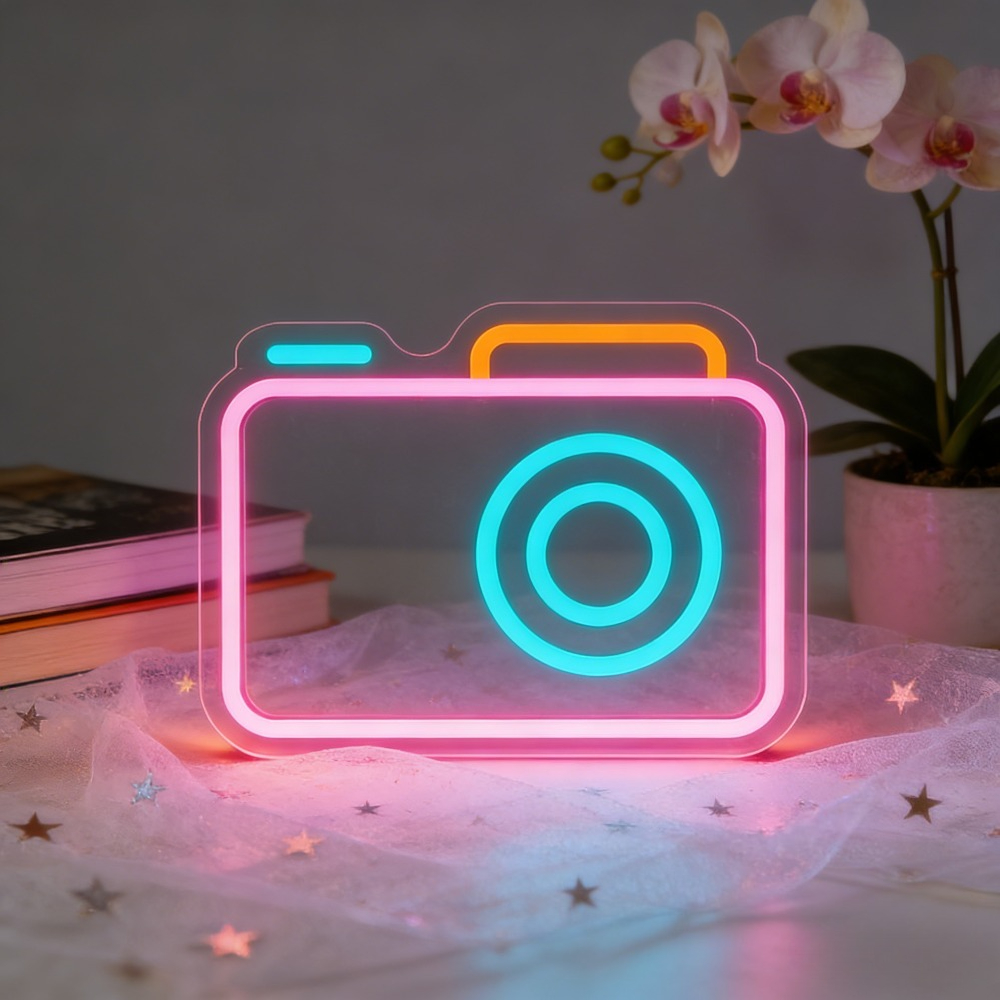 Desk Setup Photography - Kamera-Neonschild LED-Wandkunst-Beleuchtung Ästhetische Fotostudio-Dekoration Kreatives Schreibtisch-Setup