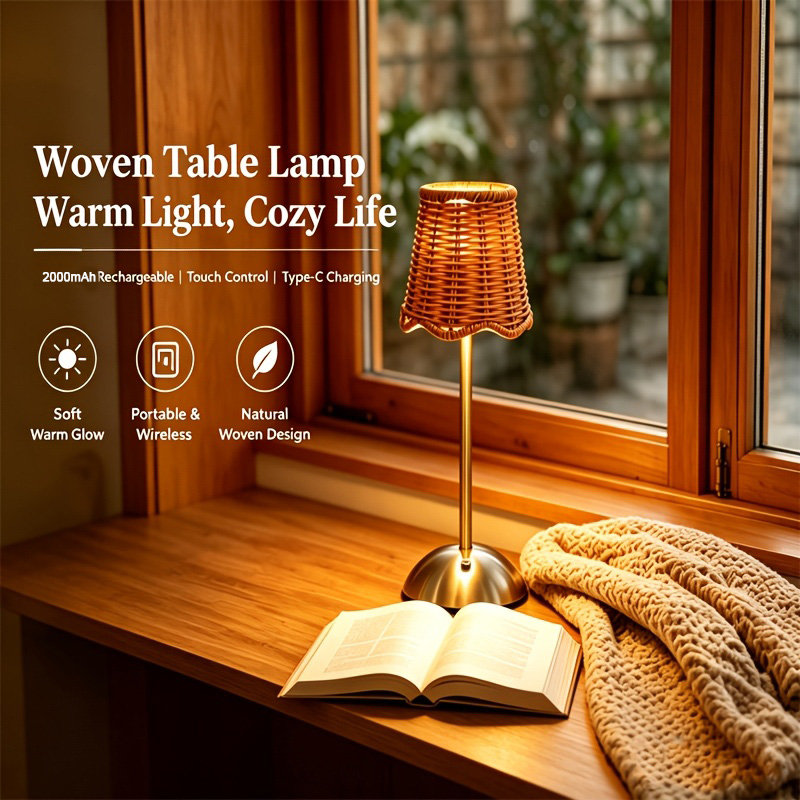 Led Desk Light Usb - Böhmische Geflochtene Rattan-Kunst-Tischlampe, 3-stufig dimmbar, Touch-Steuerung,