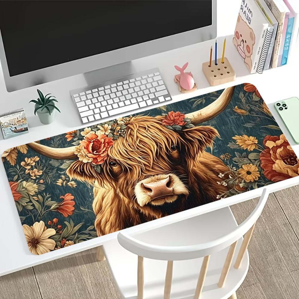 Desk Setup Gaming Pc - Vintage Highland Cow Floral Gaming-Mauspad, rutschfeste