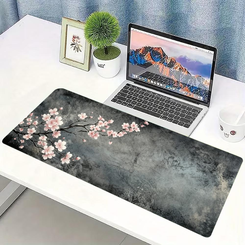 Desk Setup Pc And Laptop - Pflaumenblüten-Kunstschreibunterlage, rutschfeste Gummiunterlage mit genähtem Rand,
