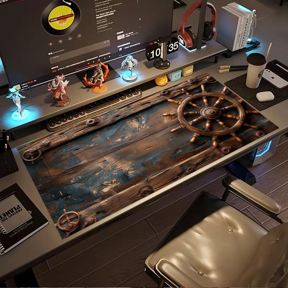 Desk Setup Pc And Laptop - Vintage Piratenschiff-Rad, erweitertes Gaming-Mauspad, rutschfeste Gummiunterseite,